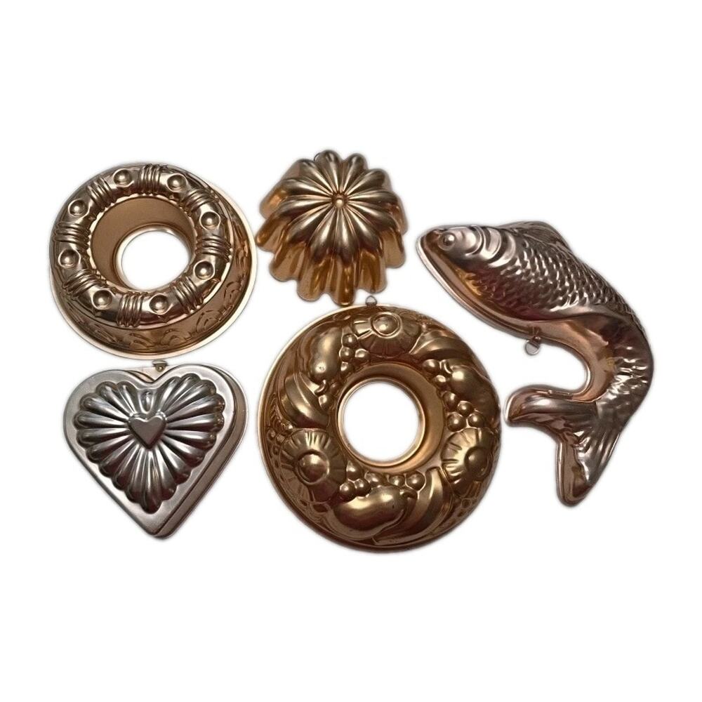 Vintage Copper-tone Aluminum Jello Molds Set of 5 Wall Decor Set Fish Heart